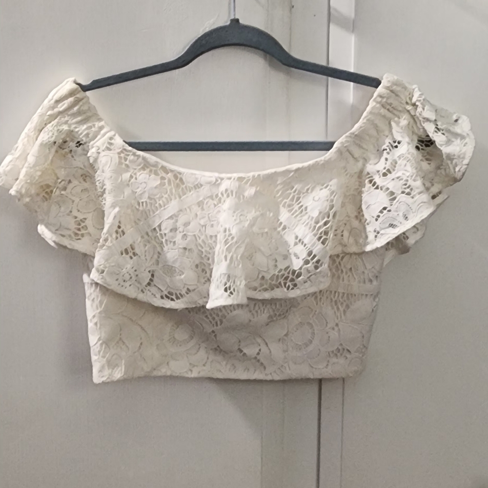 Wayf Elegant Lace Off-Shoulder Creme Lace Top